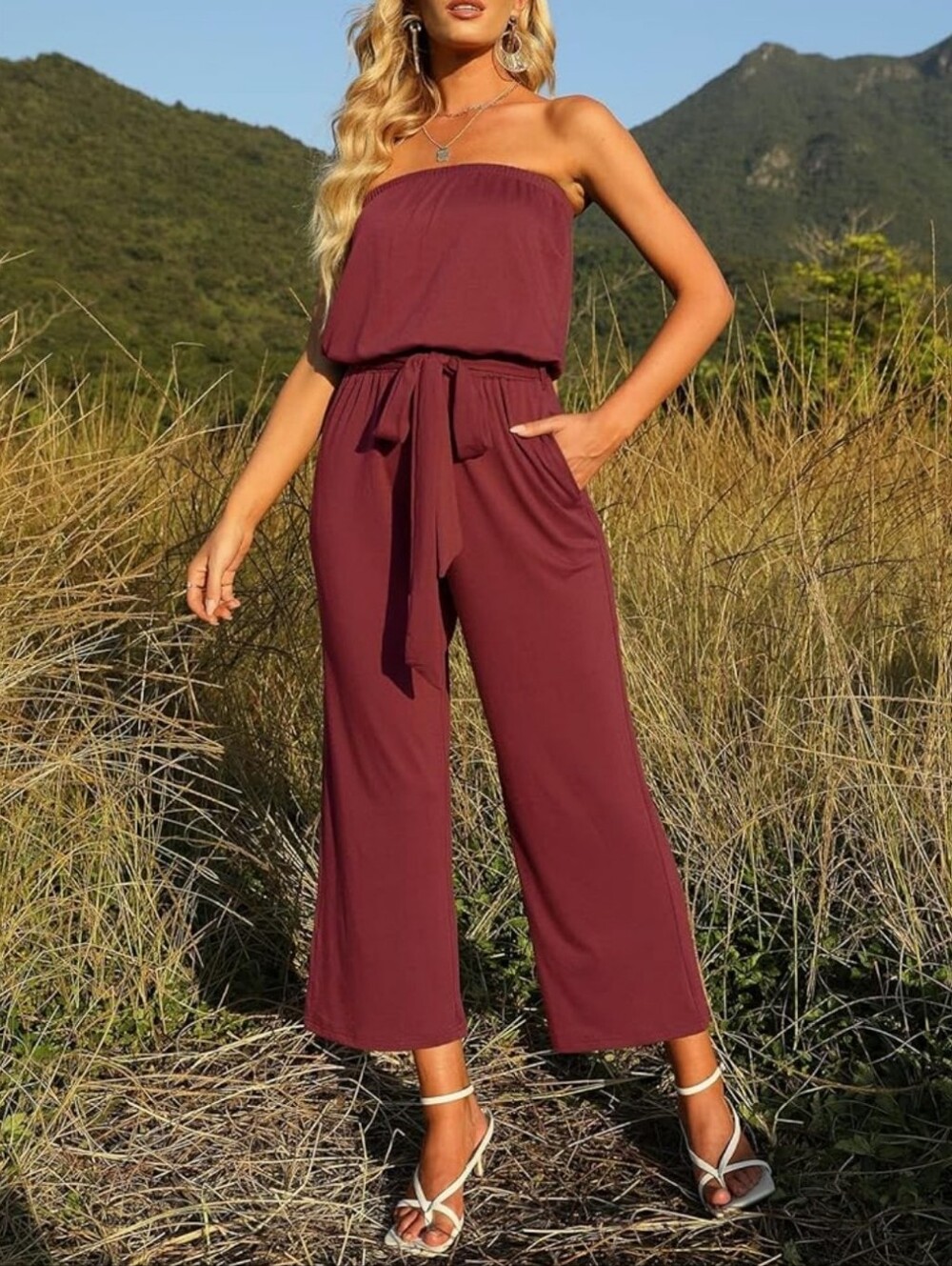 Strapless Wide-Leg Jumpsuit in Wine